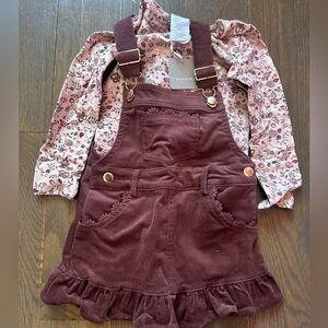 Tahari Girls Burgundy Corduroy Ruffle Overall Dress with Floral Top